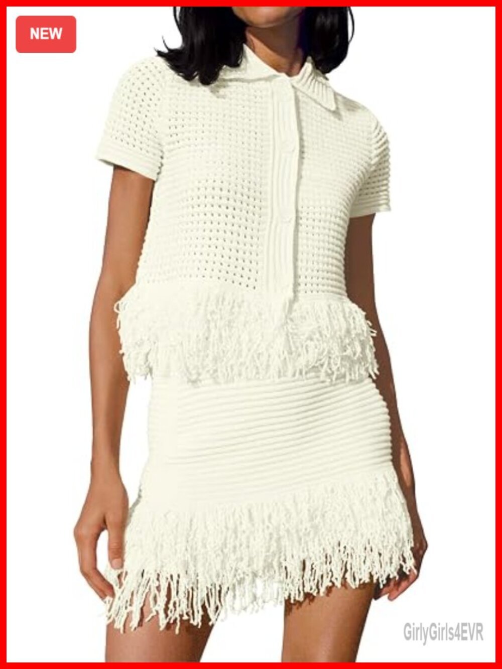 Crochet Button Knit Sweater and Fringe Skirt Vacation Set